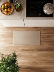 Overhead view of a beige textured rug on a light brown wooden floor in a modern kitchen with fruit and vegetables on a wooden tray near a built-in induction cooktop.