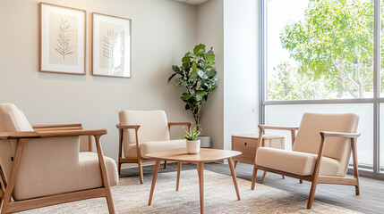 Fototapeta premium Inviting Meeting Room with Light Wood Furniture and Cozy Armchair