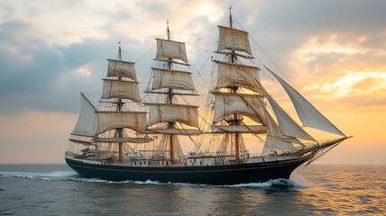 Tall Ship with Sails Unfurled on Tranquil Sea