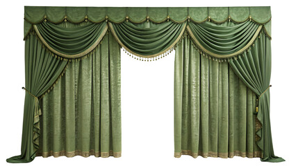 Elegant green curtains with draped fabric detail, perfect for theater, home decor, or event backdrop designs on white background.AI GENERATED