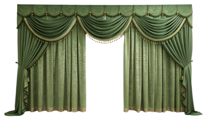 Elegant green curtains with draped fabric detail, perfect for theater, home decor, or event backdrop designs on white background.AI GENERATED