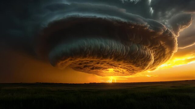 Immense shelf cloud over a vast green field at sunset.
