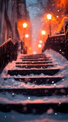 Blurred golden city lights glowing faintly on snowy streets, creating a serene and abstract winter urban background, style book illustration