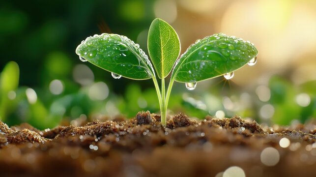 Young plant sprouts from damp soil with water droplets in a serene natural environment at dawn