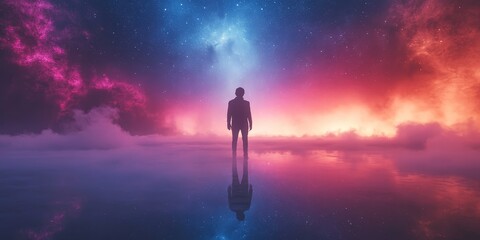 Obraz premium A mesmerizing scene of a person walking toward a vibrant galaxy surrounded by mystical clouds and twinkling stars. Ideal for fantasy, exploration, and cosmic-themed projects