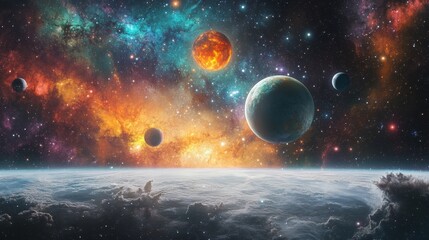 Obraz premium Landscape with vibrant planetary bodies under star-filled sky in digital transformation concept, featuring augmented reality overlays on physical products.