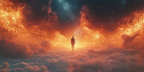 A mesmerizing scene of a person walking toward a vibrant galaxy surrounded by mystical clouds and twinkling stars. Ideal for fantasy, exploration, and cosmic-themed projects