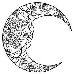 A black and white line art drawing of a crescent moon, adorned with intricate mandala patterns. It features floral designs, line work, and geometric shapes, showcasing artistic beauty.  © Pailin