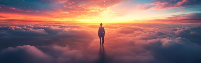 A mesmerizing scene of a person walking toward a vibrant galaxy surrounded by mystical clouds and twinkling stars. Ideal for fantasy, exploration, and cosmic-themed projects