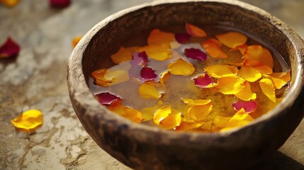 Rose Petals in a Wooden Bowl - A Relaxing Spa Scene