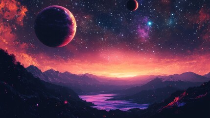 Landscape with vibrant planetary bodies under star-filled sky in digital transformation concept, featuring augmented reality overlays on physical products.