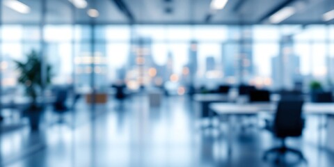 Blurred modern office interior with city skyline view. Open plan workspace with desks and chairs. Corporate business environment. Blue tones. Copy space for text