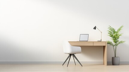 Modern Workspace Design Featuring a Minimalist Desk, Laptop, Stylish Chair, Floor Lamp, and Lush Plant Set Against a Bright, Neutral Wall for Inspiring Productivity