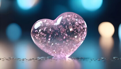 Fototapeta premium Rose Quartz Heart on Blue Blurred Background. Valentine's Day Card. Desktop Background