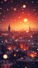 Obraz premium Abstract blurred bokeh lights illuminating snow-covered urban streets, creating a peaceful and magical winter scene, style book illustration