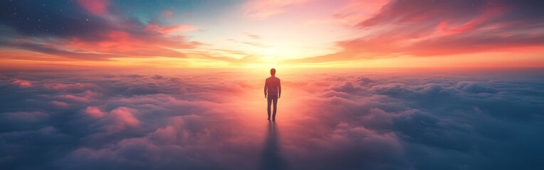 Obraz premium A mesmerizing scene of a person walking toward a vibrant galaxy surrounded by mystical clouds and twinkling stars. Ideal for fantasy, exploration, and cosmic-themed projects