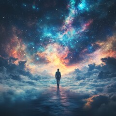 Obraz premium A mesmerizing scene of a person walking toward a vibrant galaxy surrounded by mystical clouds and twinkling stars. Ideal for fantasy, exploration, and cosmic-themed projects