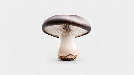 Single dark brown mushroom with off-white stem against a light gray background.  A study in texture and form.