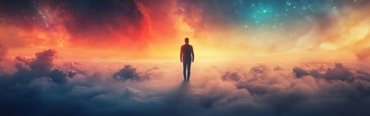 A mesmerizing scene of a person walking toward a vibrant galaxy surrounded by mystical clouds and twinkling stars. Ideal for fantasy, exploration, and cosmic-themed projects