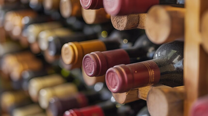 Wine bottles aging in a wooden rack.