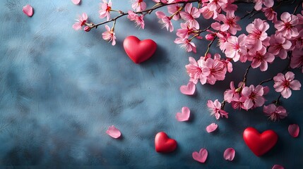 Obraz premium Romantic Pink Cherry Blossom Flowers with Red Heart Shapes