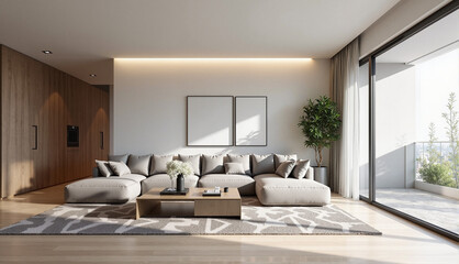 Modern living room with cozy sectional sofa and natural light