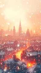 Abstract blurred bokeh lights illuminating snow-covered urban streets, creating a peaceful and magical winter scene, style book illustration