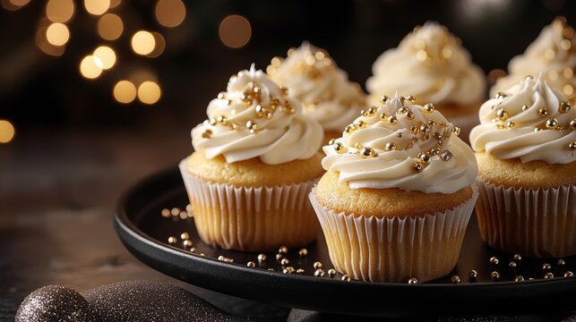 A minimalistic festive tray displaying golden cupcakes topped with cream and decorative golden beads against a blurred background of lights - Powered by Adobe