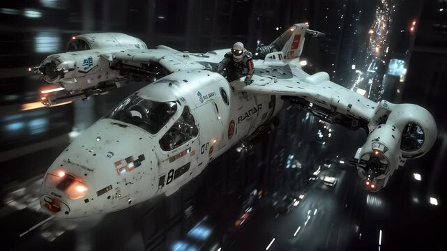 AI-generated anamorphic 4K visualization of a military transport aircraft sustaining critical damage during nighttime flight, with dynamic particle effects, volumetric lighting, and cinematic lens fla