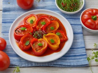 Vegetable stuffed bell peppers, vegetarian stuffed peppers on a white plate