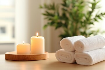 Soothing spa ambiance with lit candles and soft white towels
