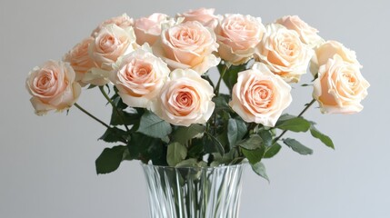 Obraz premium A minimalistic arrangement of a lush bouquet featuring pale pink and cream roses in a clear glass vase