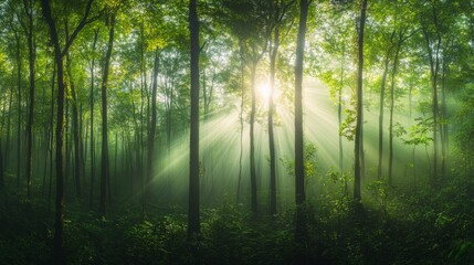 Obraz premium Sunlit Forest: Mystical Dawn, Green Canopy, Serene Rays