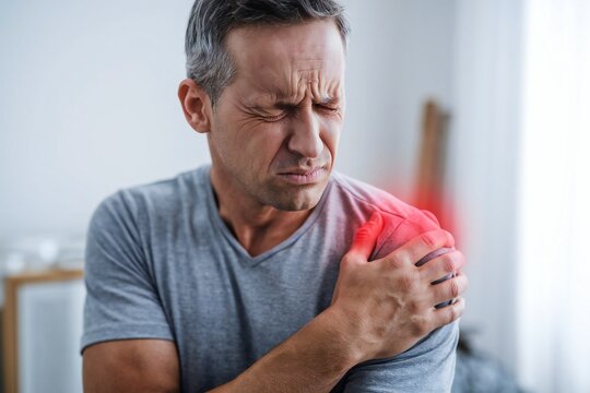 Middle-aged man suffering shoulder pain at home