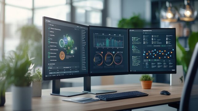 Modern Office Workspace with Three Monitors Displaying Data Analysis and Graphs Surrounded by Green Plants and Comfortable Furniture in Bright Environment