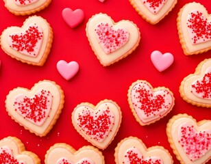 red background with a bunch of heart shaped cookies, red hearts, on a red background, cookies, pink hearts in the background, beautiful high resolution, pink and red colors.