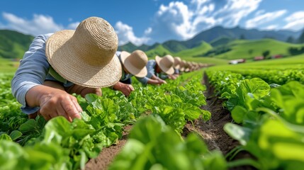 Farmers working diligently in a lush green field under a clear blue sky