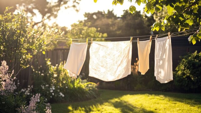 sunny backyard scene with clothesline and freshly washed linens swaying in breeze providing generous copy space