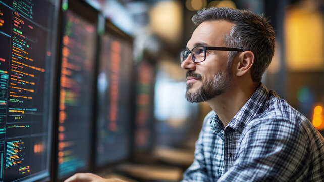 A security expert in front of multiple computer screens in a network operations centre near a server room. Cybersecurity, Cyber awareness training. Generative AI.