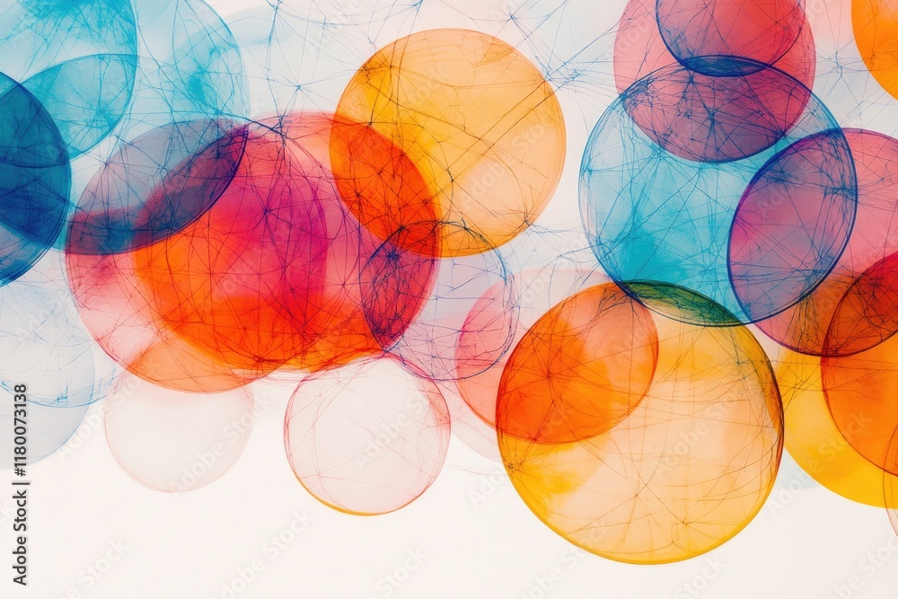 Poster vibrant pattern of interconnected circles and lines forming geometric web with clean white backdrop
