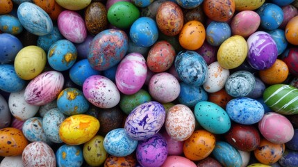 Colorful assortment of Easter eggs scattered on a bright surface during springtime celebration