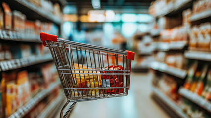 A shopping cart is blurred in an aisle