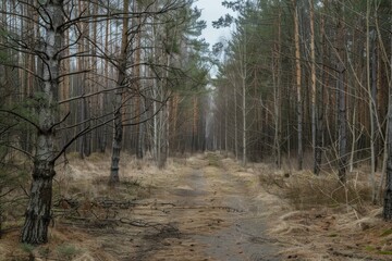 Fototapeta premium Desolate forest road is vanishing into the distance surrounded by bare trees