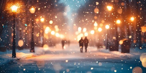 Abstract blurred bokeh lights illuminating snow-covered urban streets, creating a peaceful and magical winter scene, style book illustration