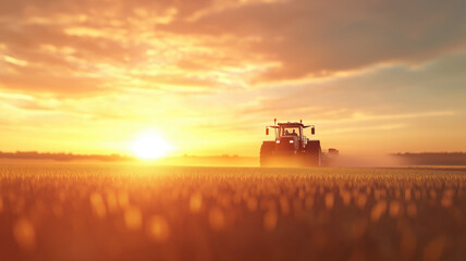 A tractor sprays an agricultural field with fertilizer on a sunset evening. Drone view. Illustration by Generative AI.