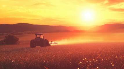 A tractor sprays an agricultural field with fertilizer on a sunset evening. Drone view. Illustration by Generative AI.