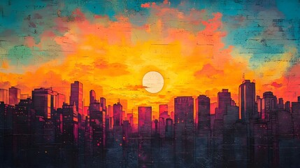 Vibrant Cityscape Sunset with Towering Skyscrapers and Dramatic Sky