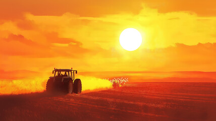 Fototapeta premium A tractor sprays an agricultural field with fertilizer on a sunset evening. Drone view. Illustration by Generative AI.