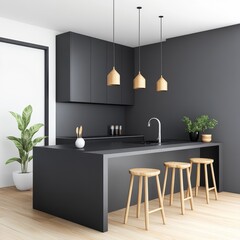 Modern Minimalist Kitchen Design Featuring Black Cabinets, Pendant Lights, and Sleek Bar Counter in a Bright Open Space