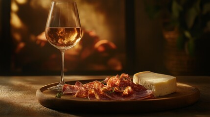 A minimalistic composition featuring a wine glass filled with rosé wine, accompanied by a wooden platter of charcuterie and cheese